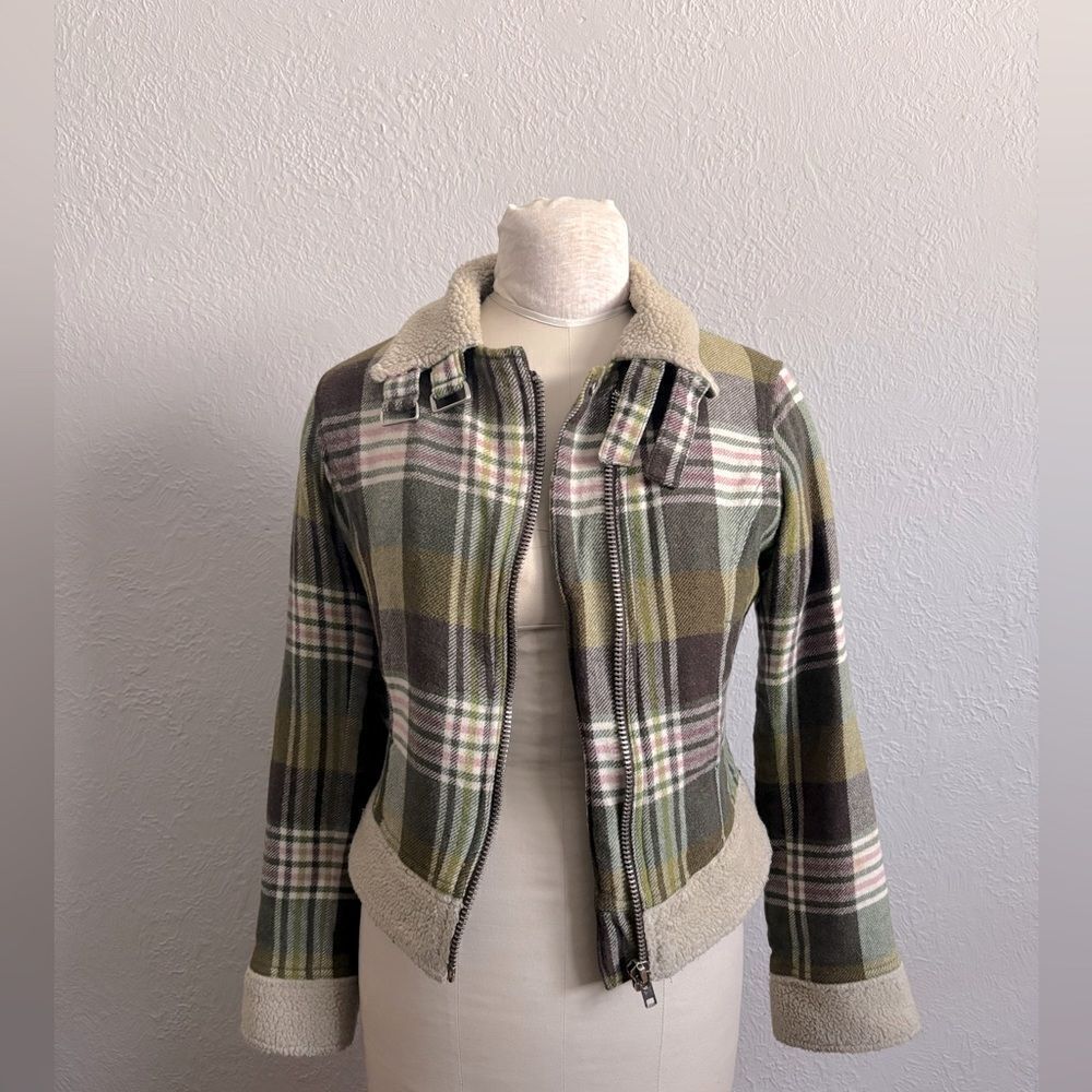 Free People Plaid Green & Brown zip up Jacket Size Small Petite